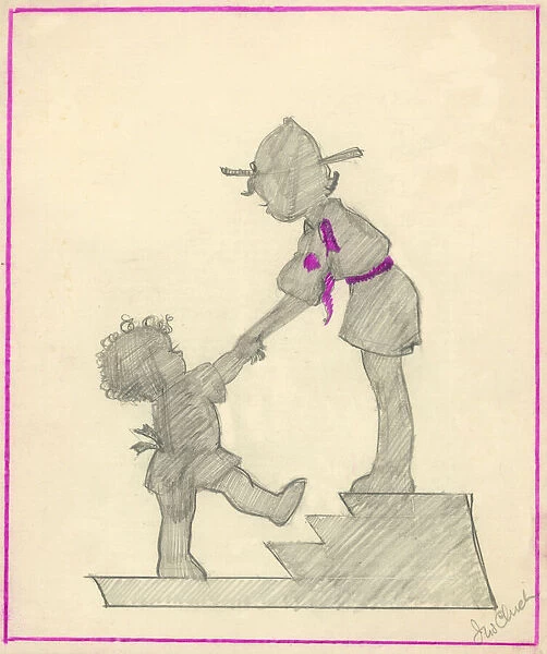 Original Artwork - Boy scout helping toddler up steps