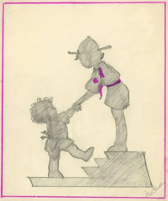 Framed Print : Original Artwork - Boy scout helping toddler up steps Framed Print : Original Artwork - Boy scout helping toddler up steps