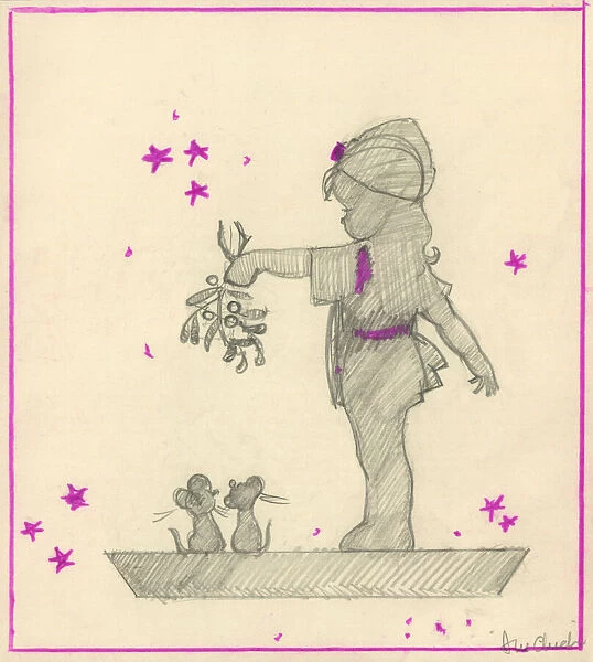 Original Artwork - Holding mistletoe above two mice