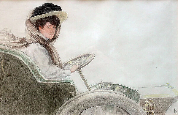 Original artwork, woman driving a car