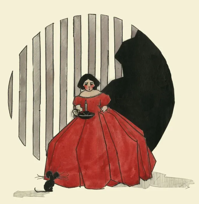 Framed Print : Original Artwork - Woman in red dress surprised by mouse Framed Print : Original Artwork - Woman in red dress surprised by mouse