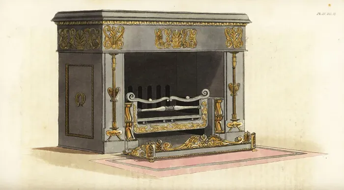 Framed Print : Ornamental air stove and chimney-piece designed by May and Morri Framed Print : Ornamental air stove and chimney-piece designed by May and Morri