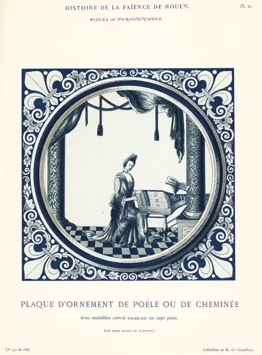 Framed Print : Ornamental plaque of a lady playing a harpsichord, Rouen Framed Print : Ornamental plaque of a lady playing a harpsichord, Rouen