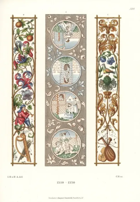 Framed Print : Ornaments in tapestry and paintings, 16th century Framed Print : Ornaments in tapestry and paintings, 16th century