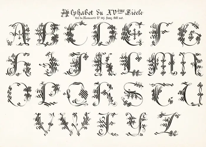 Framed Print : Ornate alphabet from a French illuminated manuscript 15th centur Framed Print : Ornate alphabet from a French illuminated manuscript 15th centur