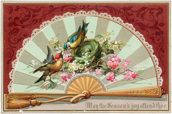 Ornate fan with birds and flowers on a Christmas card