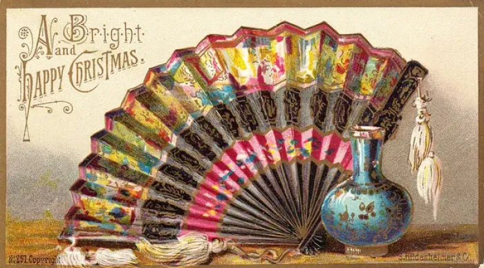 Framed Print : Ornate fan and blue vase on a Christmas card Framed Print : Ornate fan and blue vase on a Christmas card