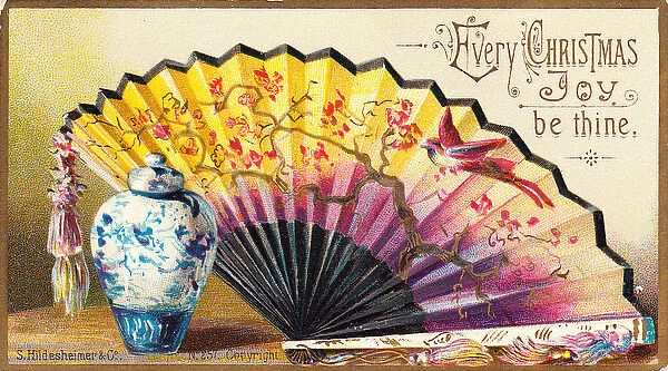 Ornate fan and blue vase on a Christmas card
