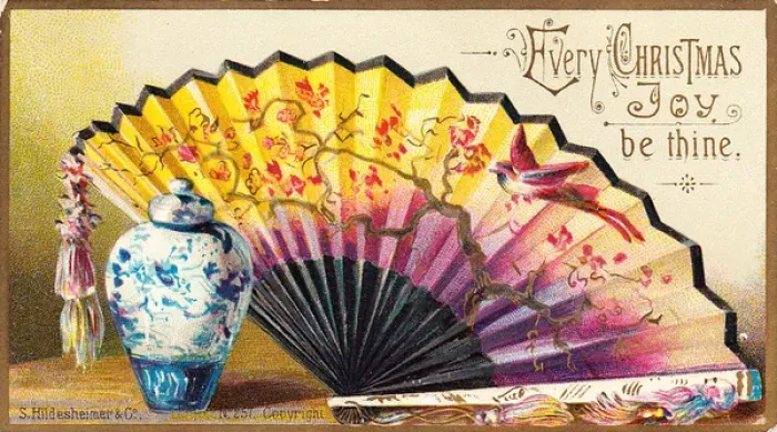 Framed Print : Ornate fan and blue vase on a Christmas card Framed Print : Ornate fan and blue vase on a Christmas card
