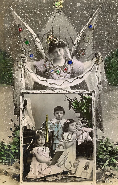 Ornate, glittery kitsch French Christmas Greetings postcard