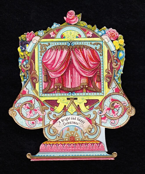 Ornate toy theatre on a cutout Christmas card