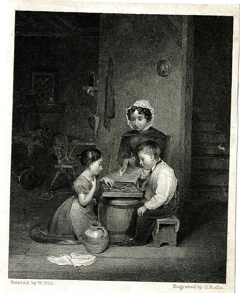 The Orphans - two children play draughts, watched by a woman.. 19th century