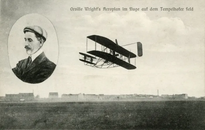 Framed Print : Orville Wrights aeroplane flying in a field Framed Print : Orville Wrights aeroplane flying in a field