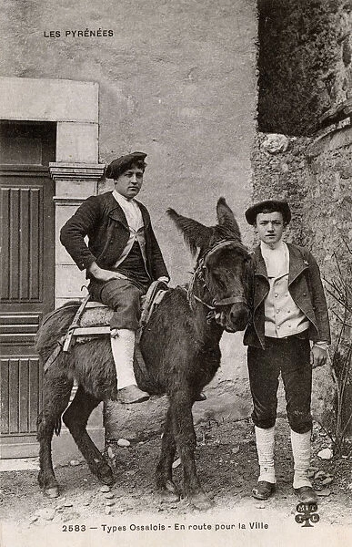 Ossalois Men, one riding on a donkey - Pyrenees, France