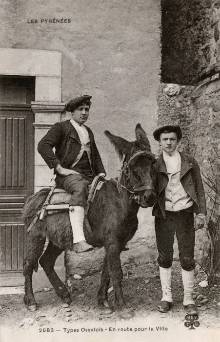 Framed Print : Ossalois Men, one riding on a donkey - Pyrenees, France Framed Print : Ossalois Men, one riding on a donkey - Pyrenees, France