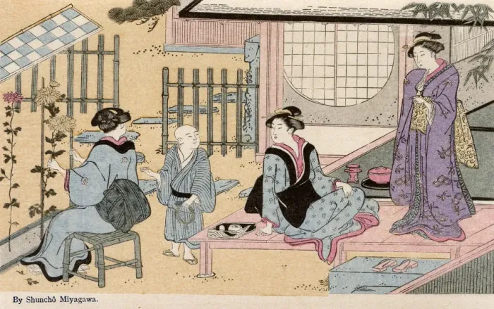 Framed Print : Outdoor domestic scene by Katsukawa Shuncho Framed Print : Outdoor domestic scene by Katsukawa Shuncho