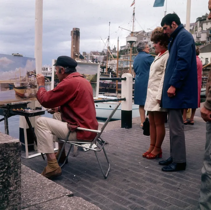 Framed Print : Outdoor painter working on Brixham Harbour, Devon Framed Print : Outdoor painter working on Brixham Harbour, Devon