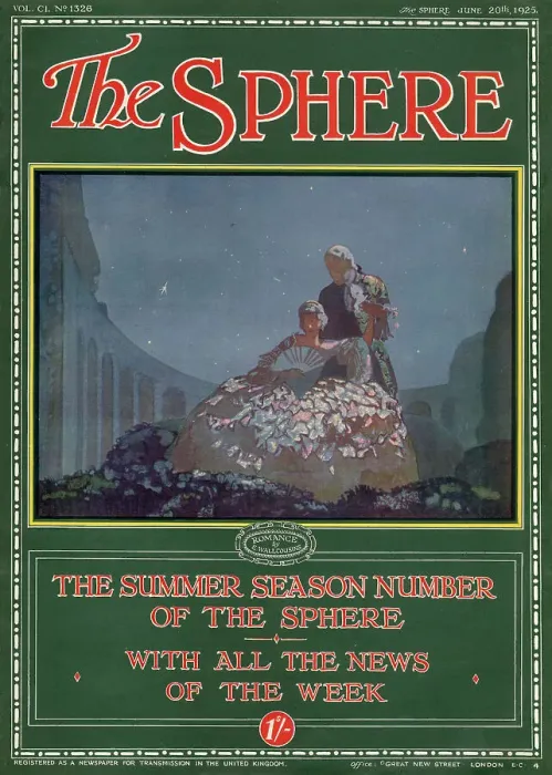 Framed Print : Outer cover of The Sphere magazine's Summer Season Number with an illustration showing an eighteenth century couple enjoying a moonlit tryst in a garden. Date: 1925 Framed Print : Outer cover of The Sphere magazine's Summer Season Number with an illustration showing an eighteenth century couple enjoying a moonlit tryst in a garden. Date: 1925