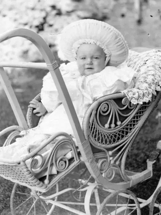 Framed Print : Overdressed baby in ornate pram, Mid Wales Framed Print : Overdressed baby in ornate pram, Mid Wales