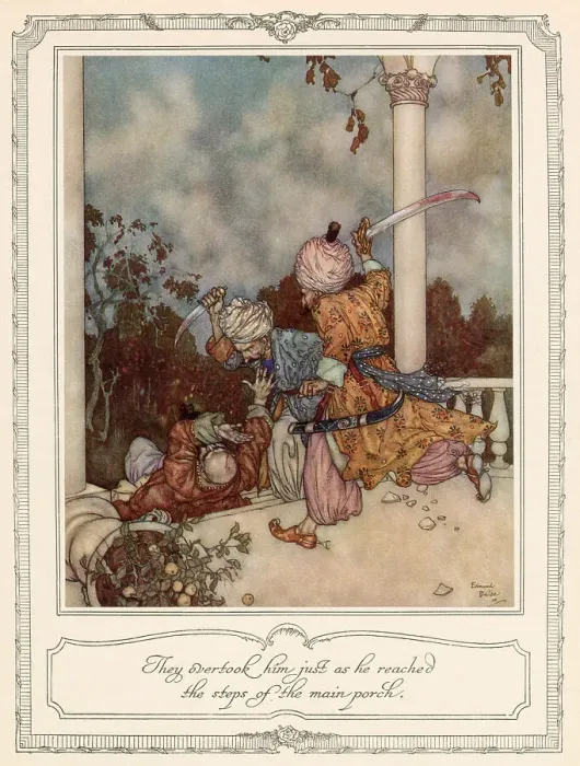 Framed Print : They overtook him just as he reached the steps of the main porch. Scene from Bluebeard illustrated by Edmund Dulac. Date: 1911 Framed Print : They overtook him just as he reached the steps of the main porch. Scene from Bluebeard illustrated by Edmund Dulac. Date: 1911