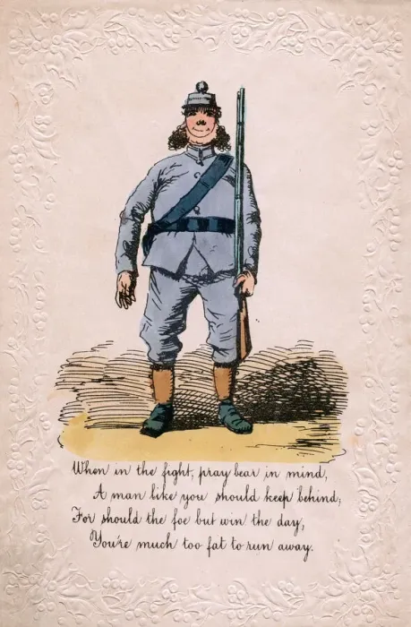 Framed Print : Overweight soldier on a comic greetings card Framed Print : Overweight soldier on a comic greetings card