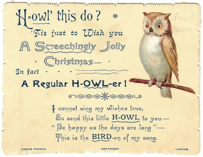 Framed Print : Owl with comic verse on a Christmas card Framed Print : Owl with comic verse on a Christmas card