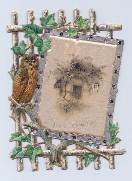 Owl, ivy and trellis on a cutout Christmas card