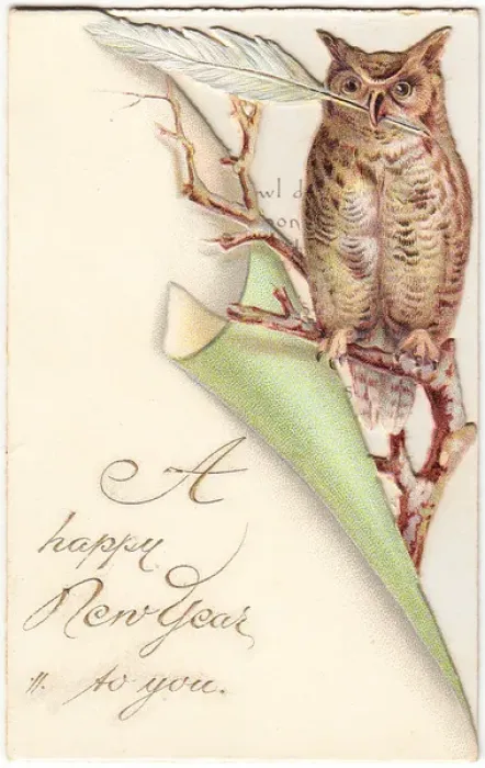 Framed Print : Owl with quill pen on a New Year card Framed Print : Owl with quill pen on a New Year card