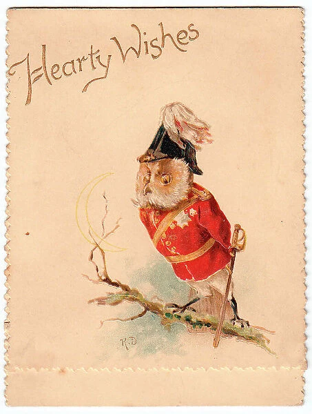 Owl in red uniform on a greetings card