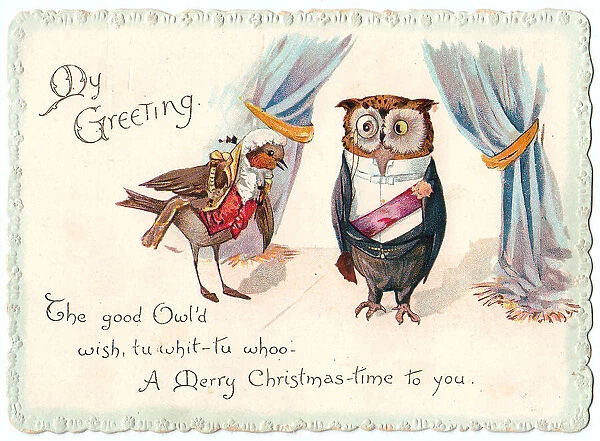 Owl and robin in evening dress on a Christmas card