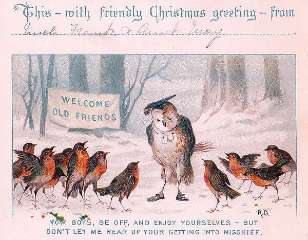 Owl teacher and robin pupils on a Christmas card