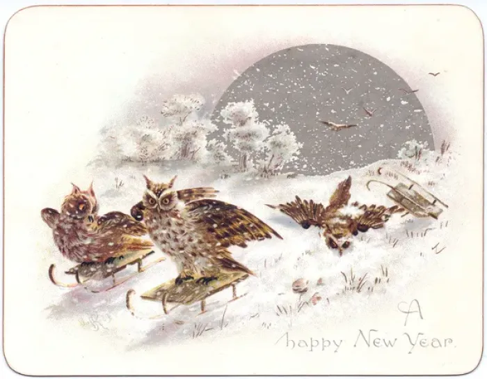 Framed Print : Three owls on a New Year card Framed Print : Three owls on a New Year card