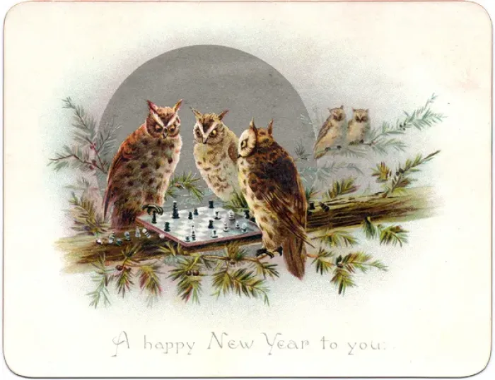 Framed Print : Three owls on a New Year card Framed Print : Three owls on a New Year card