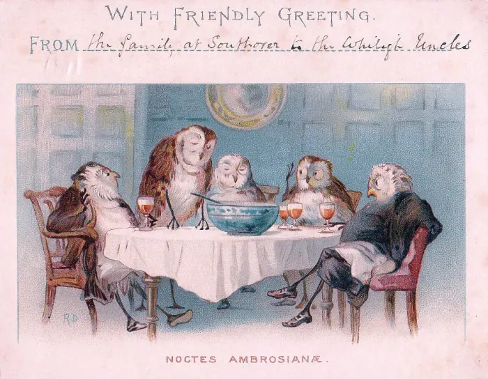 Framed Print : Five owls at a table on a Christmas card Framed Print : Five owls at a table on a Christmas card