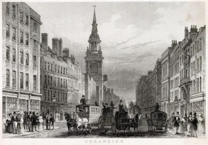 Framed Print : The Oxford Street bus heads for the Bank : St Mary-le-Bow church stands behind it Framed Print : The Oxford Street bus heads for the Bank : St Mary-le-Bow church stands behind it