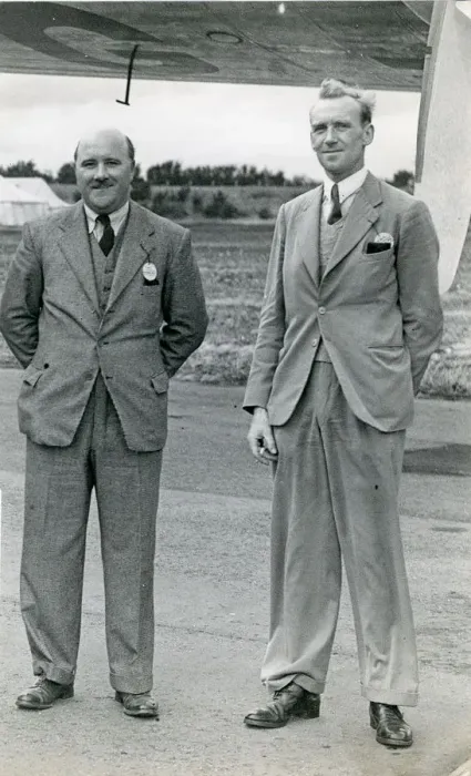 Framed Print : P. J. Field Richards, Avro test pilot, left, and W. G. N. ? Framed Print : P. J. Field Richards, Avro test pilot, left, and W. G. N. ?