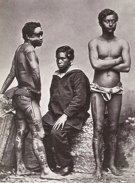 Pacific Islands, Oceania: three men, one with tattoos