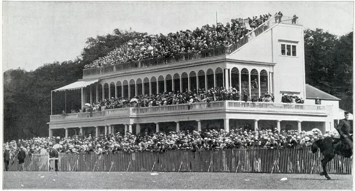 Framed Print : Packed grandstand at Goodwood races in Chichester, West Sussex. Date: 1901 Framed Print : Packed grandstand at Goodwood races in Chichester, West Sussex. Date: 1901