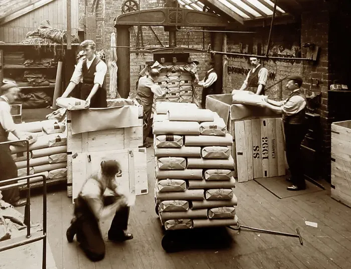 Framed Print : Packing finished cloth in a woollen mill in Bradford Framed Print : Packing finished cloth in a woollen mill in Bradford
