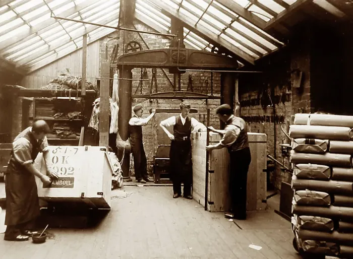 Framed Print : Packing finished cloth in a woollen mill in Bradford Framed Print : Packing finished cloth in a woollen mill in Bradford