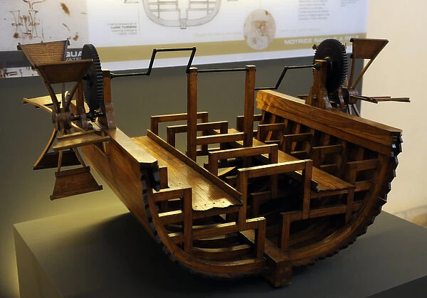 Paddle boat. Study by Leonardo da Vinci, 15th century. Mode