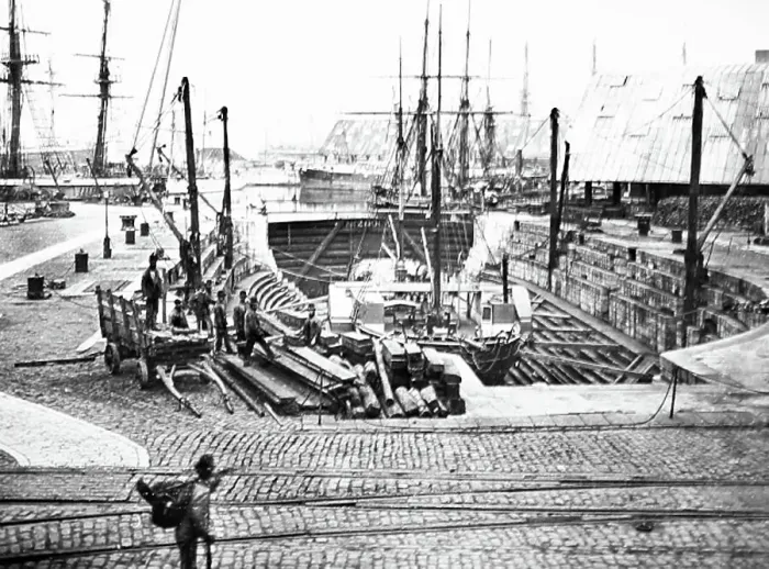 Framed Print : Paddle steamer in dry dock in Portsmouth, Victorian period Framed Print : Paddle steamer in dry dock in Portsmouth, Victorian period