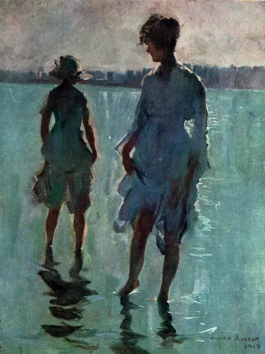 Framed Print : Paddling. This oil painting portrays two ladies enjoying the shallow tide Framed Print : Paddling. This oil painting portrays two ladies enjoying the shallow tide