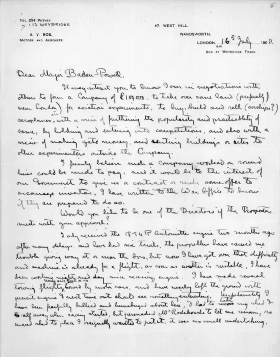 Framed Print : Page one of a letter from A V Roe to Major Baden-Powell Framed Print : Page one of a letter from A V Roe to Major Baden-Powell