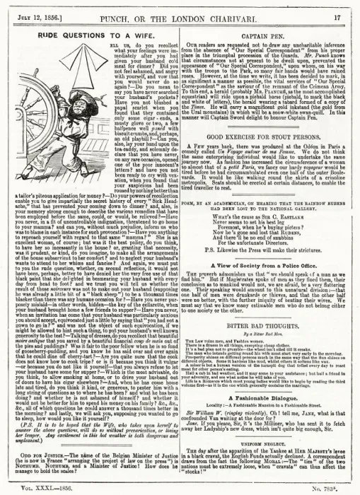 Framed Print : Full page from Punch magazine - July 12, 1856 - featuring an article - Rude Questions to Framed Print : Full page from Punch magazine - July 12, 1856 - featuring an article - Rude Questions to