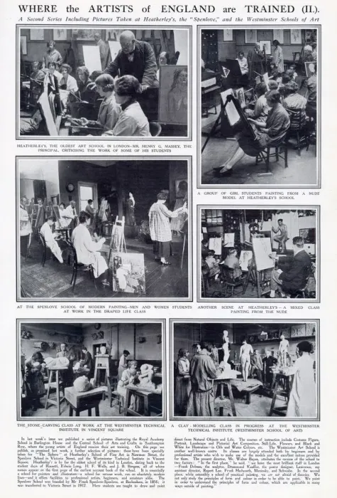 Framed Print : Page from The Sphere with a selection of pictures showing art students at work at three Framed Print : Page from The Sphere with a selection of pictures showing art students at work at three