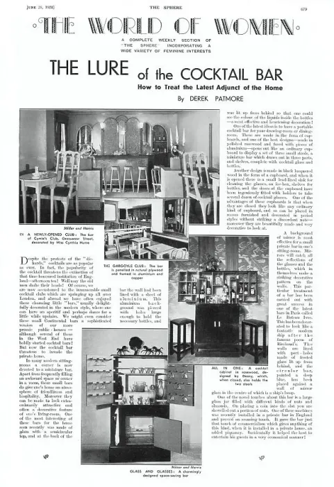 Framed Print : Page from The Sphere written by interiors expert Derek Patmore, reporting on the vogue for cocktail bars, featuring photographs of Cymie's Club in Grosvenor Street, decorated by Cynthia Hume Framed Print : Page from The Sphere written by interiors expert Derek Patmore, reporting on the vogue for cocktail bars, featuring photographs of Cymie's Club in Grosvenor Street, decorated by Cynthia Hume