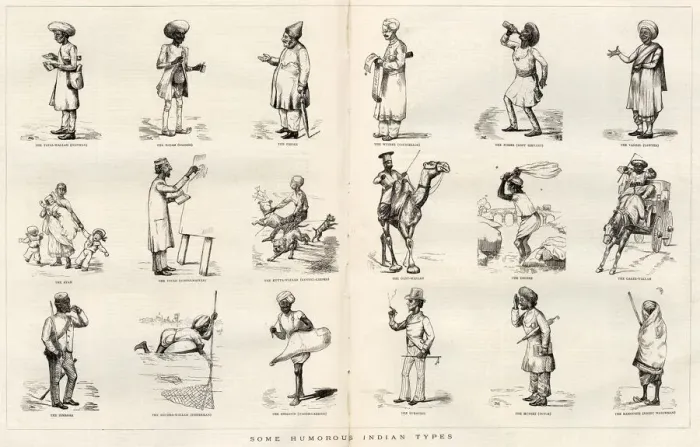 Framed Print : Two page spread from The Graphic depicting humorous types seen in India. Date: 1878 Framed Print : Two page spread from The Graphic depicting humorous types seen in India. Date: 1878