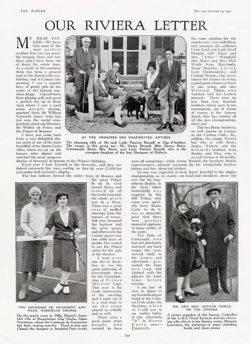 Framed Print : Page from The Tatler, 29th January 1930: Our Riviera Letter featuring Henry Russell, Nancy Barry, Commander Barry, Mrs Barry, and Lady Patricia Russell at the Domaines des Charmettes Framed Print : Page from The Tatler, 29th January 1930: Our Riviera Letter featuring Henry Russell, Nancy Barry, Commander Barry, Mrs Barry, and Lady Patricia Russell at the Domaines des Charmettes