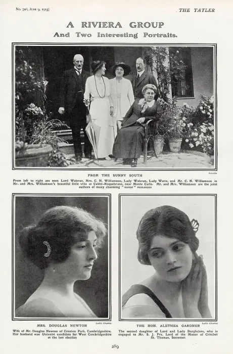 Framed Print : Page from The Tatler, 9th June 1915: A Riviera Group consisting of Lord Waleran, Mrs C N Williamson, Lady Waleran, Lady Watts, and Mr C N Williamson in the Williamsons villa at Cabb-Roquebrune near Monte Carlo
